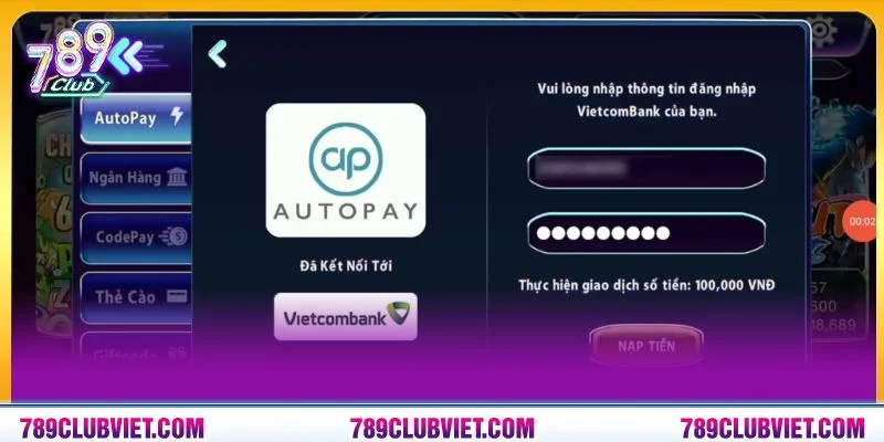 Các bước nạp tiền 789Club được thực hiện đơn giản và nhanh chóng.
